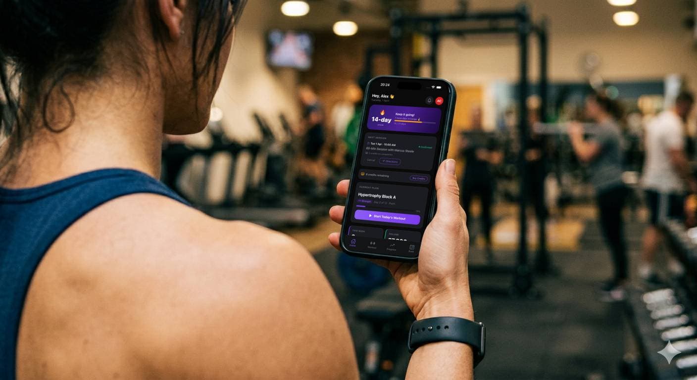 Person using fitness app on phone at gym